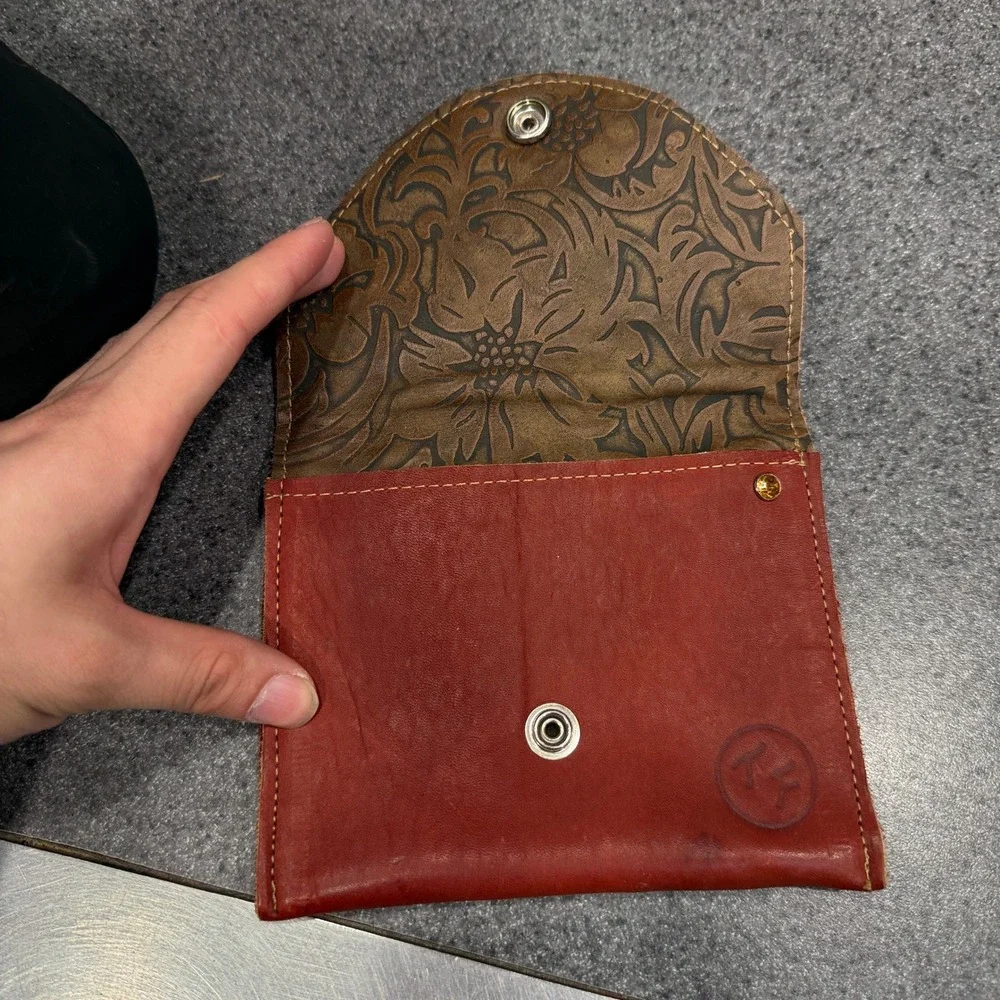 KK Leather Envelope Wallet Unisex OS Red Brown Good Buffalo Nickel Floral Tooled